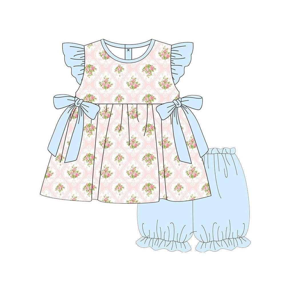 Baby Girls Bows Flowers Checked Tunic Ruffle Shorts Clothes Sets Preorder