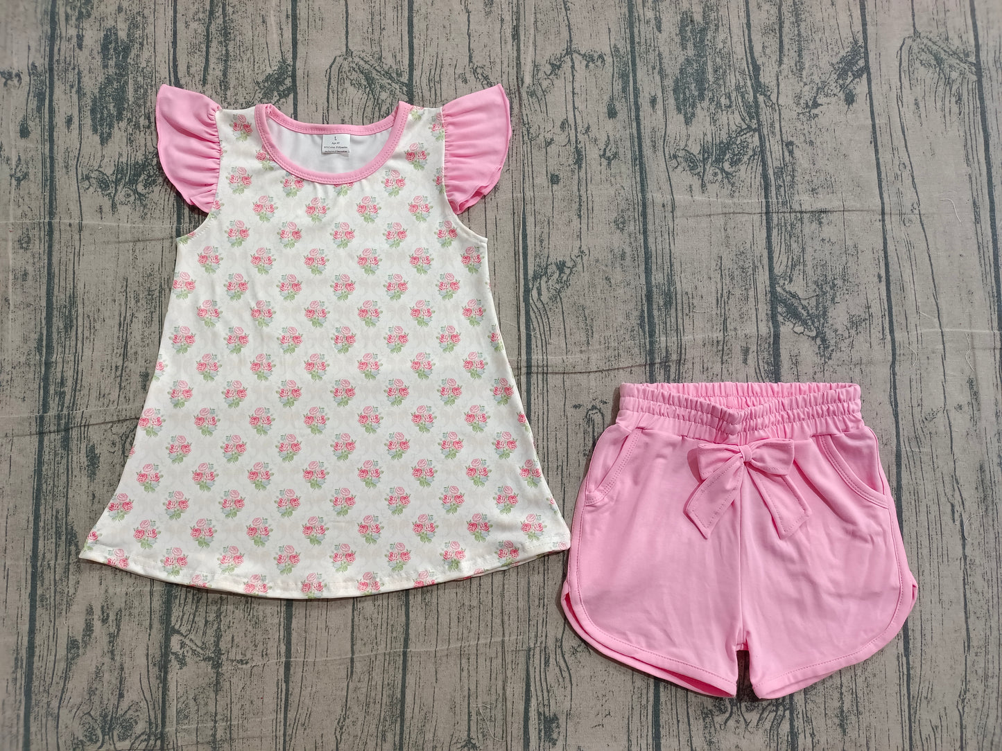Baby Girls Pink Flowers Checked Tunic Pockets Short Clothes Sets