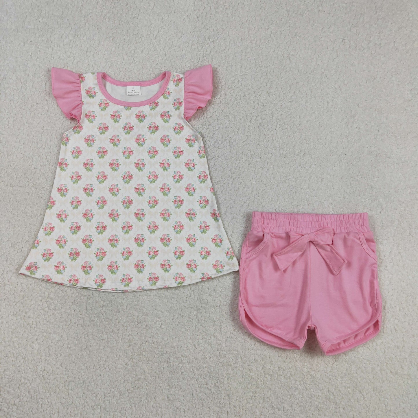 Baby Girls Pink Flowers Checked Tunic Pockets Short Clothes Sets