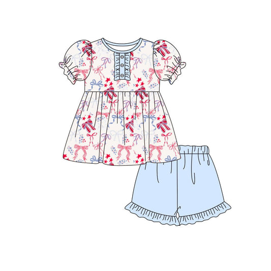 Baby Girls Flags Bows Stars Tunic Ruffle Shorts 4th of July Clothes Sets Preorder