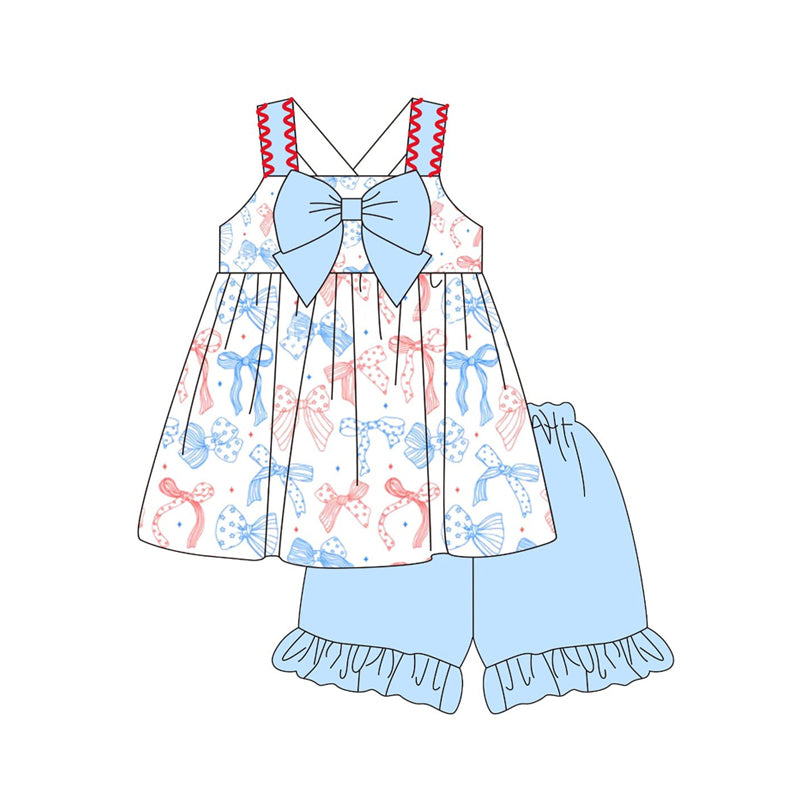 Baby Girls Strap Stars Bows Tunic Ruffle Shorts 4th of July Clothes Sets Preorder