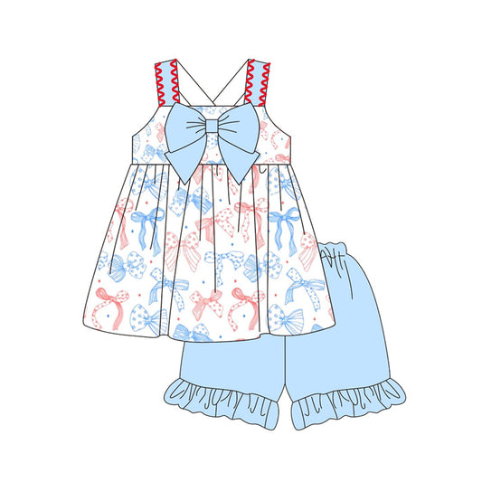 Baby Girls Strap Stars Bows Tunic Ruffle Shorts 4th of July Clothes Sets Preorder