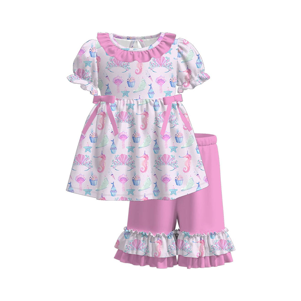 Baby Girls Sea World Shells Bows Collar Tunic Ruffle Shorts Clothes Sets Preorder