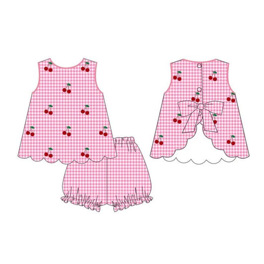 Baby Girls Pink Checked Cherry Back Bows Tunic Ruffle Shorts Clothes Sets Preorder