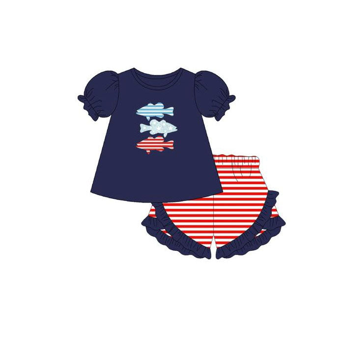 Baby Girls Stripe Stars Fishes Tunic Ruffle Shorts 4th of July Clothes Sets Preorder