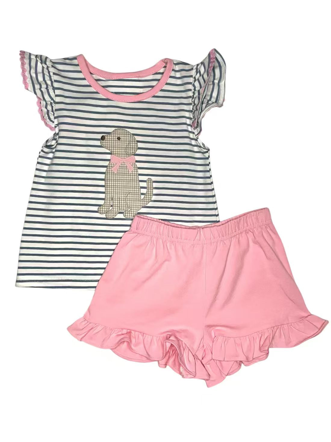 Baby Girls Stripe Dogs Tunic Ruffle Shorts Clothes Sets Preorder