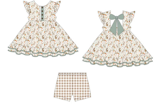 Baby Girls Carrot Rabbits Button Back Bows Tunic Checked Shorts Easter Clothes Sets Preorder