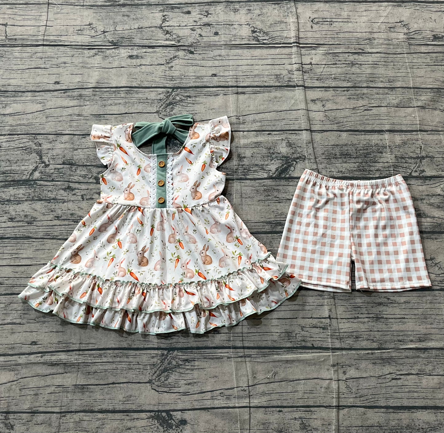 Baby Girls Carrot Rabbits Button Strap Tunic Checked Shorts Easter Clothes Sets