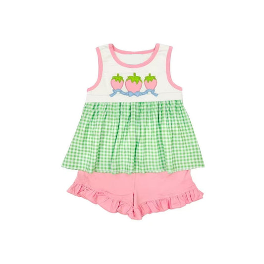 Baby Girls Sleeveless Bows Strawberry Checked Tunic Ruffle Shorts Clothes Sets Preorder