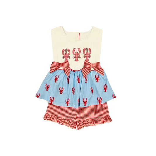 Baby Girls Sleeveless Red Checked Bows Crayfishes Tunic Ruffle Shorts Clothes Sets Preorder