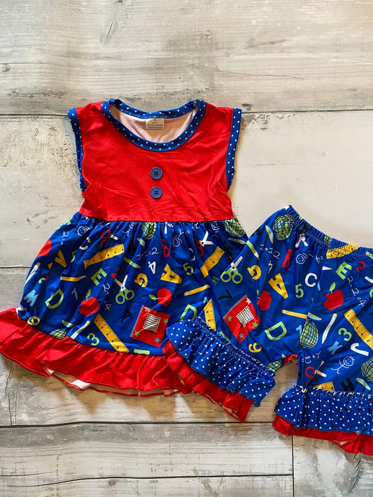 Baby Girls Pencil Apples Button Tunic Ruffle Shorts Back to School Clothes Sets Preorder