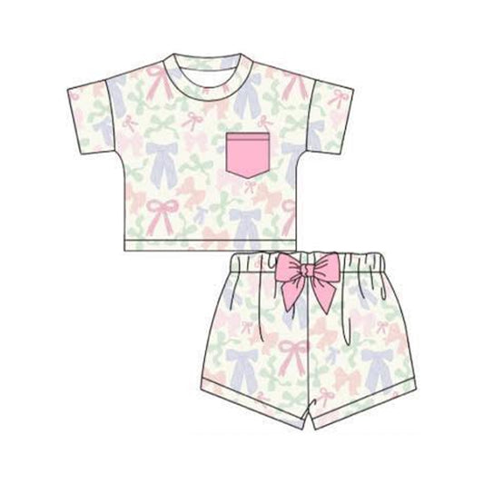 Baby Girls Colorful Bows Pocket Top Shorts Clothes Sets Preorder