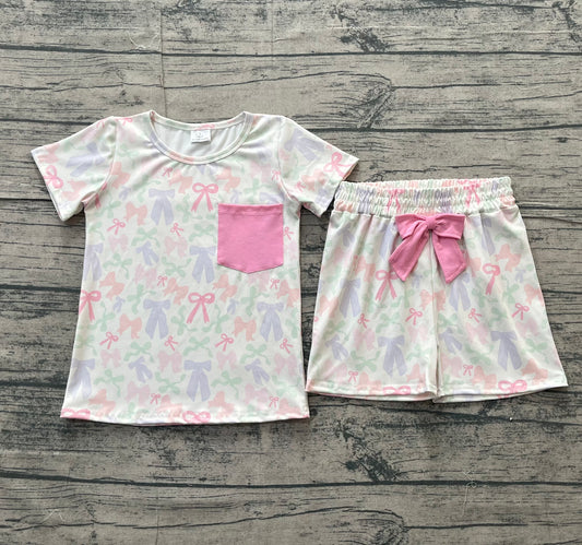 Baby Girls Colorful Bows Pocket Top Shorts Clothes Sets
