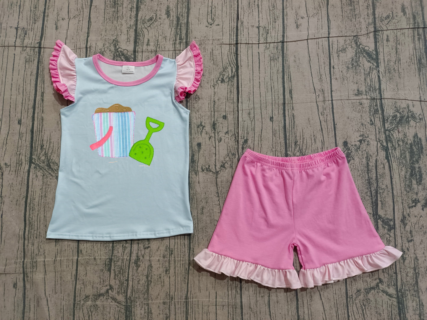 Embroidery Beach Baby Girls Flutter Sleeve Top Ruffle Shorts Clothes Sets Preorder