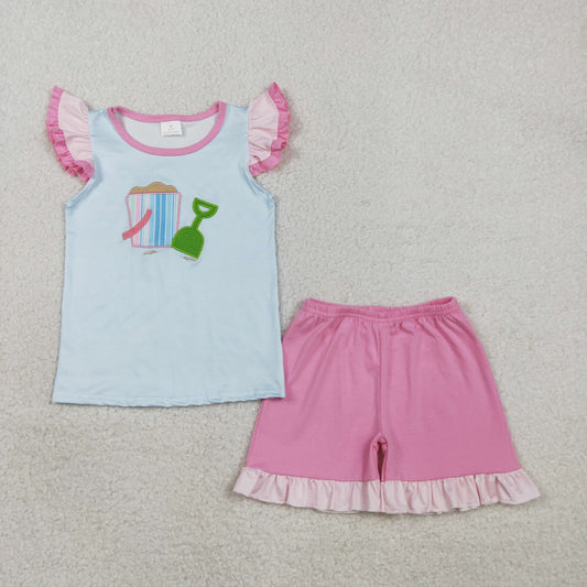 Sibling Baby Girls Embroidery Beach Stripe Tunic Ruffle Shorts Clothes Sets