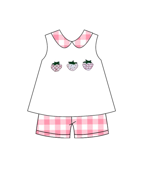 Baby Girls Sleeveless Strawberry Collar Tunic Checked Shorts Clothes Sets Preorder
