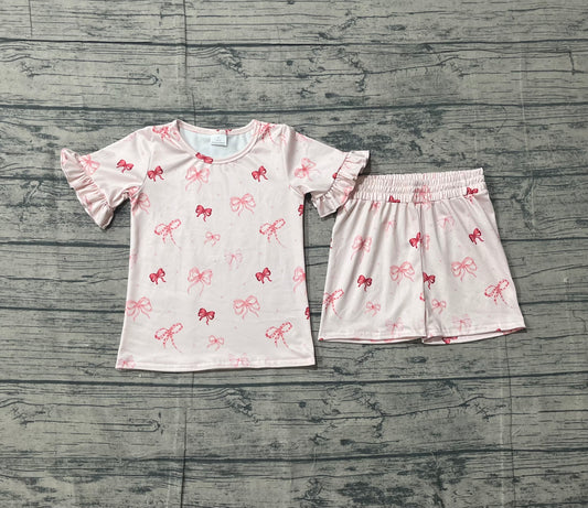 Baby Girls Pink Bows Top Ruffle Shorts Pajamas Clothes Sets
