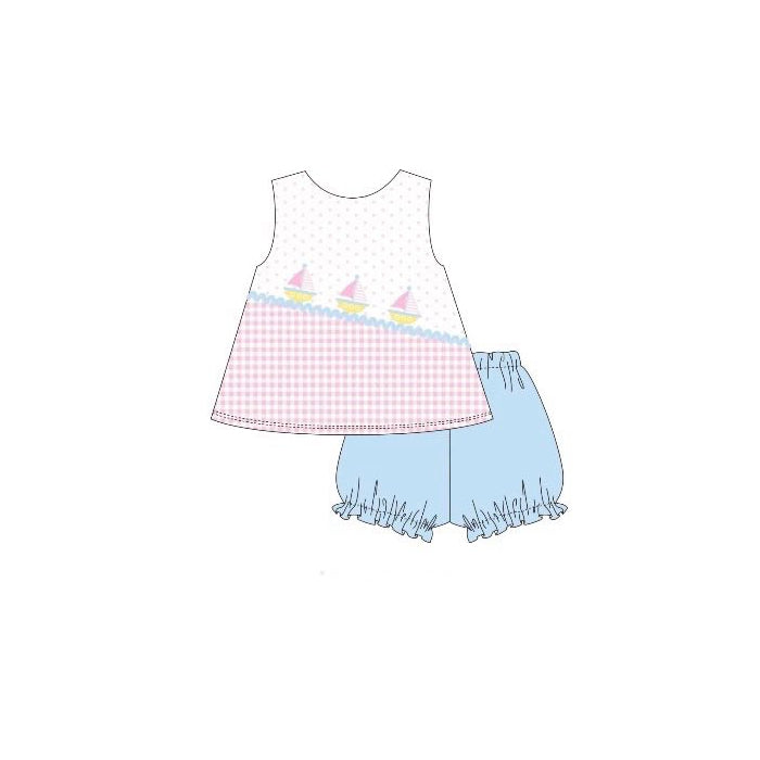 Baby Girls Sleeveless Boat Polka Dots Tunic Ruffle Shorts Clothes Sets Preorder