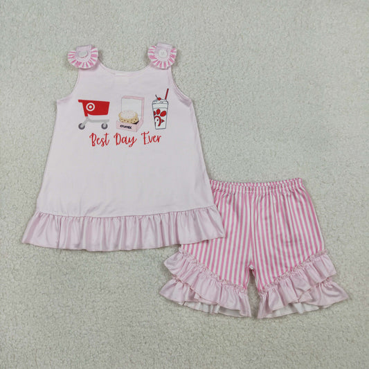 Sibling Baby Girls Pink Stripe Best Day Ever Tunic Ruffle Short Clothes Set Back Bow Rompers