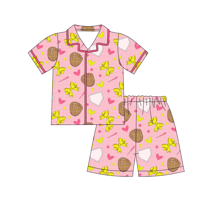 Baby Girls Baseball Bows Hearts Button Top Shorts Team Pajamas Sets Preorder