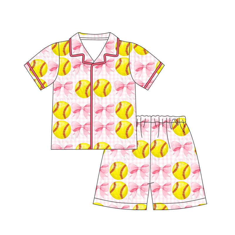 Baby Girls Bows Baseball Checked Button Top Shorts Team Pajamas Sets Preorder