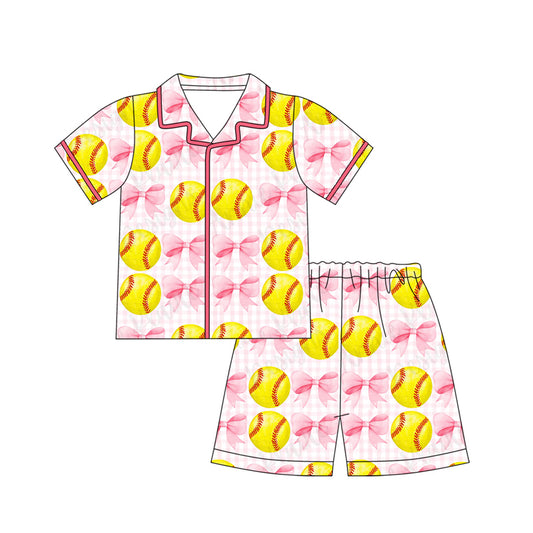 Baby Girls Bows Baseball Checked Button Top Shorts Team Pajamas Sets Preorder