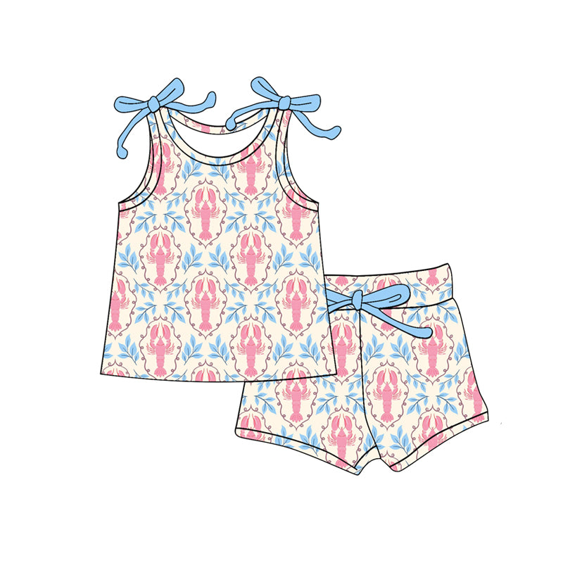 Baby Girls Bows Sleeveless Crayfishes Checked Top Shorts Clothes Sets Preorder