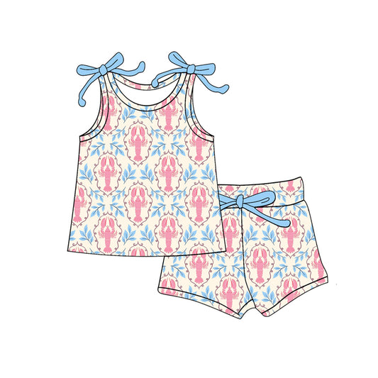 Baby Girls Bows Sleeveless Crayfishes Checked Top Shorts Clothes Sets Preorder