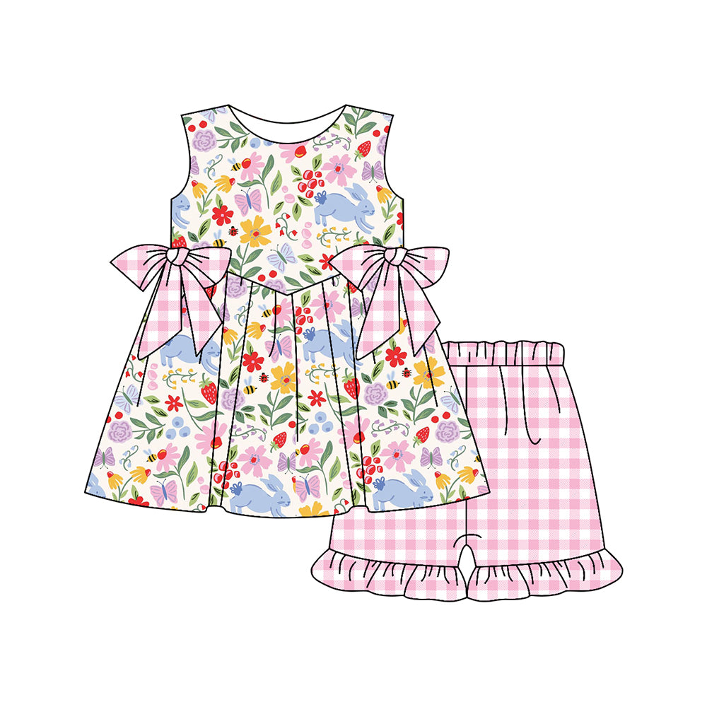 Baby Girls Colorful Rabbit Flowers Bows Tunic Ruffle Checked Shorts Easter Clothes Sets Preorder