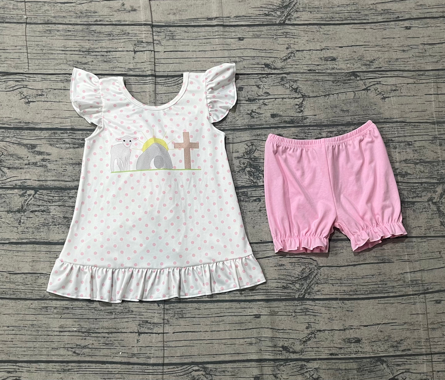 Baby Girls Cross Polka Dots Back Bow Tunic Ruffle Short Easter Clothes Sets