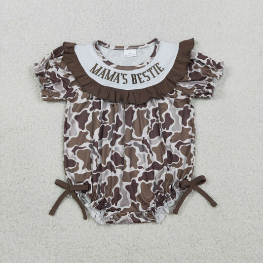 Embroidery Mama's Bestie Baby Girls Southern Brown Camo Ruffle Rompers