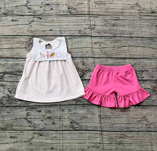 Embroidery Cross Baby Girls Polka Dots Tunic Ruffle Shorts Easter Clothes Sets Preorder