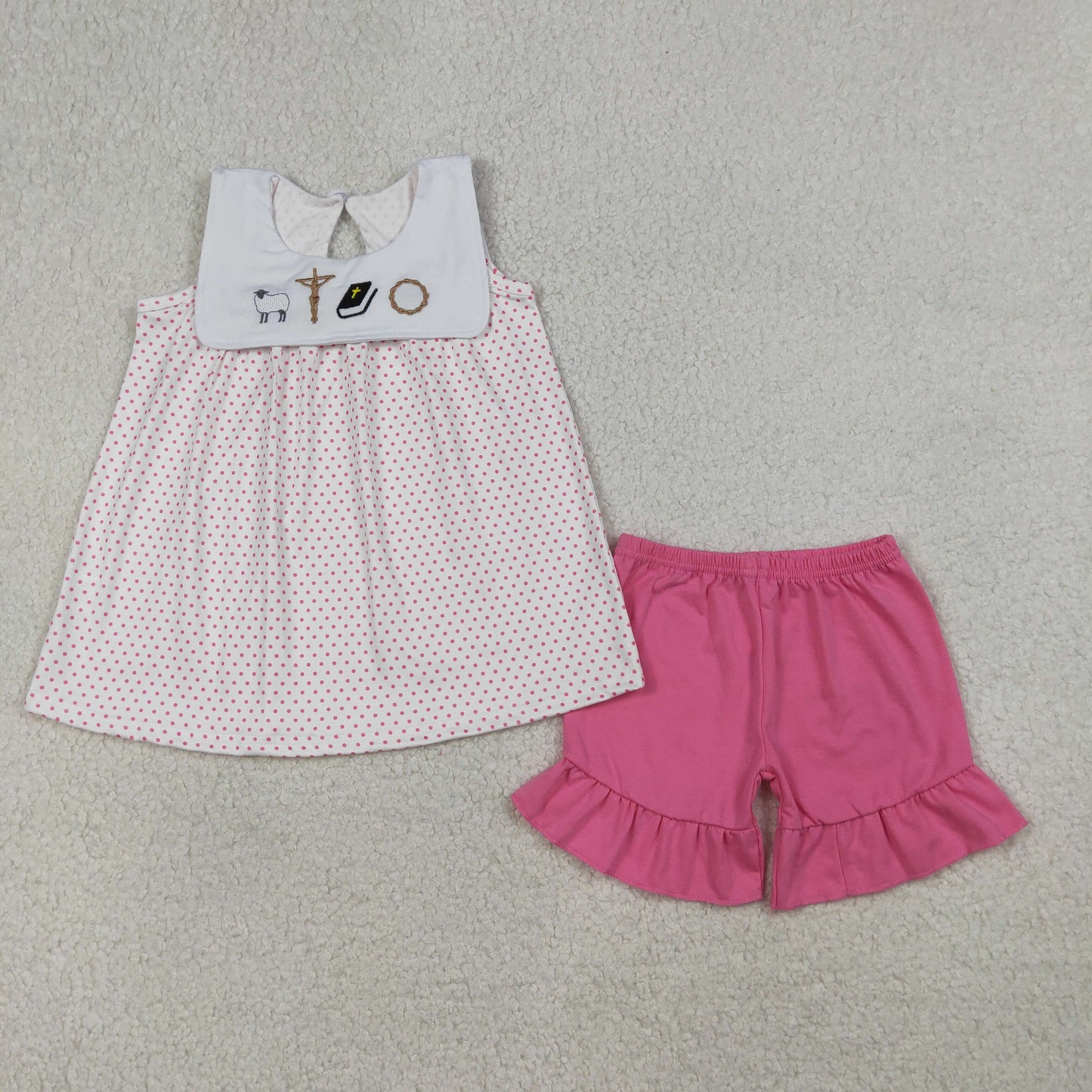 Embroidery Cross Sheep Baby Girls Polka Dots Tunic Ruffle Shorts Clothes Sets