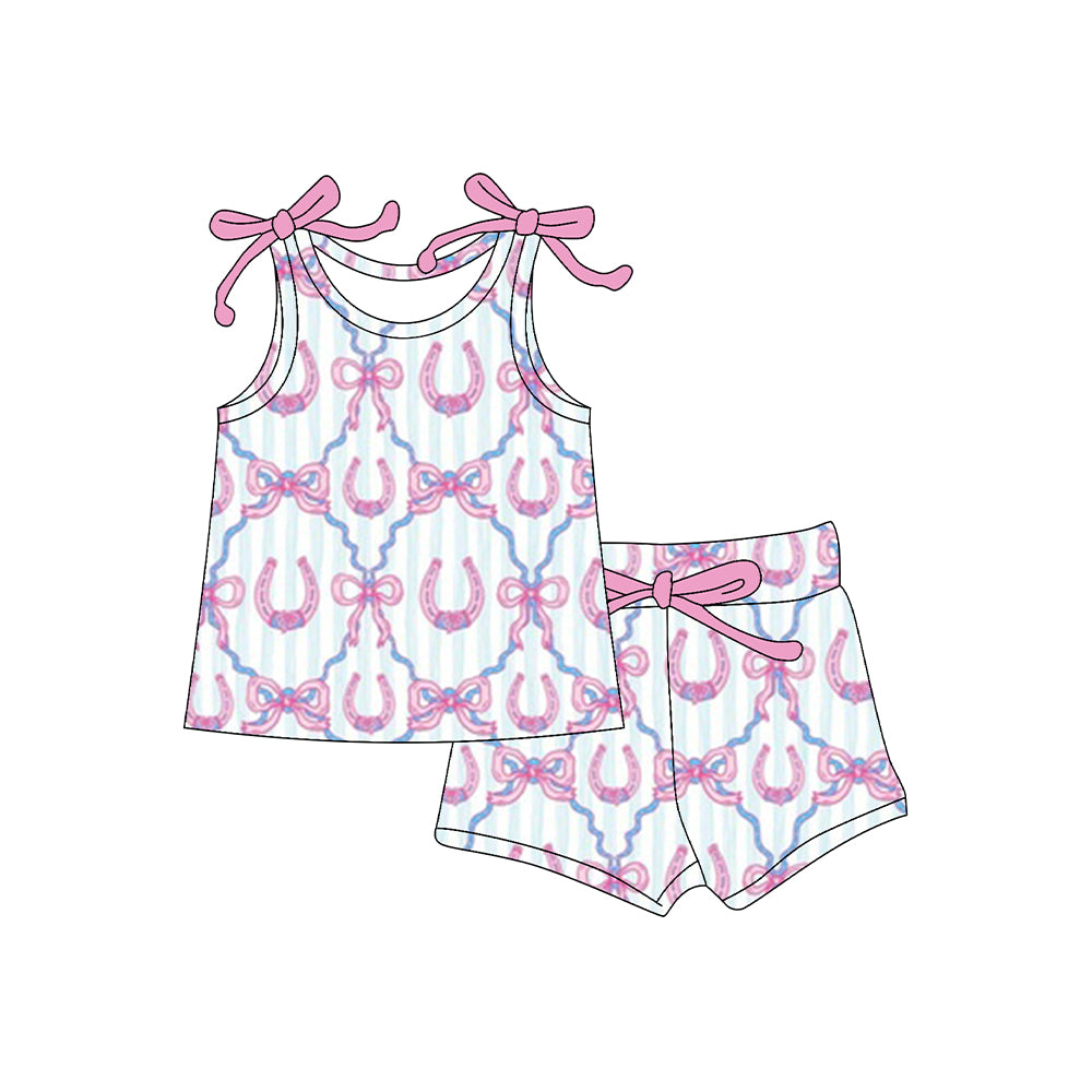 Baby Girls Bows Sleeveless Shoes Checked Top Shorts Clothes Sets Preorder