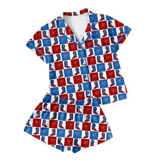 Adult Women Bow Boots Checked Button Top Shorts 4th of July Pajamas Set Preorder