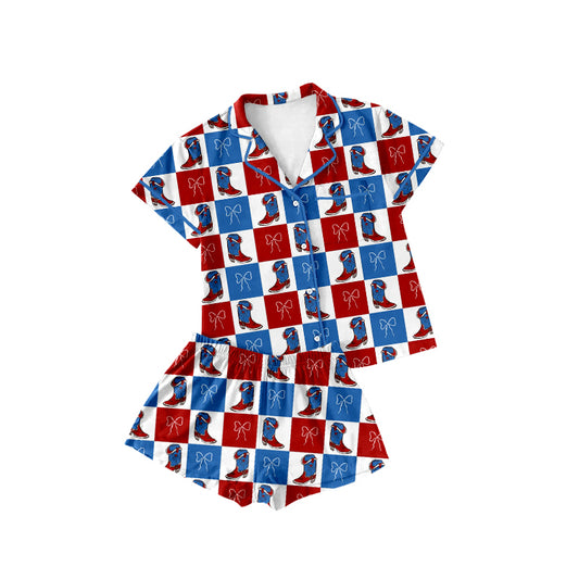 Baby Girls Bow Boots Checked Button To Shorts 4th of July Pajamas Set Preorder