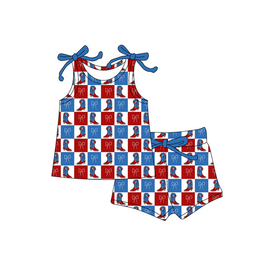 Baby Girls Red Blue Bows Boots Checked Top Shorts 4th of July Clothes Sets Preorder
