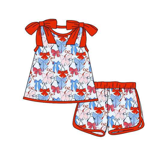 Baby Girls Red Blue Bows Plaid Tunic Shorts 4th of July Clothes Sets Preorder