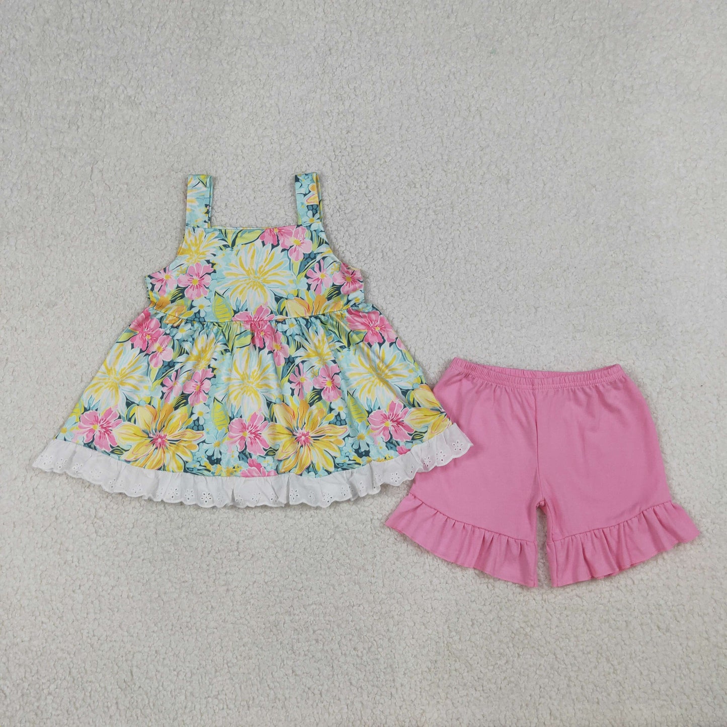 Baby Girls Strap Colorful Flowers Tunic Ruffle Shorts Clothes Sets