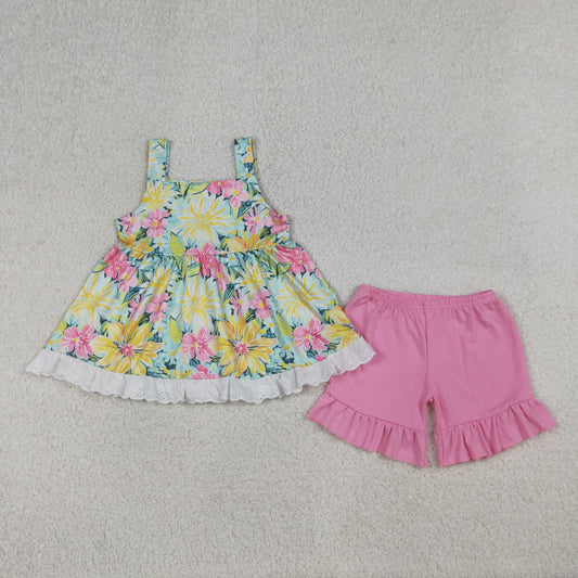 Baby Girls Strap Colorful Flowers Tunic Ruffle Shorts Clothes Sets