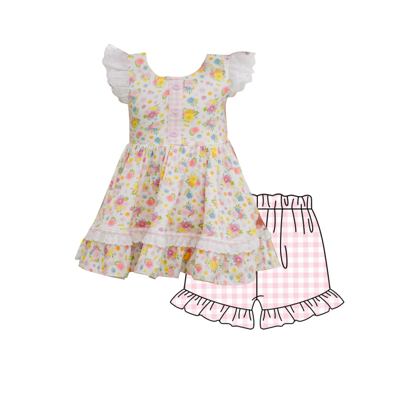 Baby Girls Colorful Flowers Button Tunic Checked Ruffle Shorts Clothes Sets Preorder