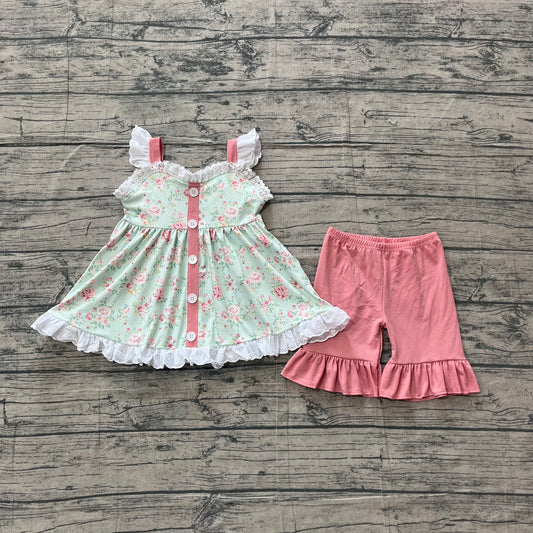 Baby Girls Colorful Flowers Button Tunic Ruffle Shorts Clothes Sets