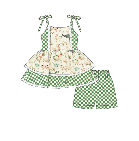 Baby Girls Strap Chicks Cows Tunic Green Checked Shorts Farm Clothes Sets Preorder