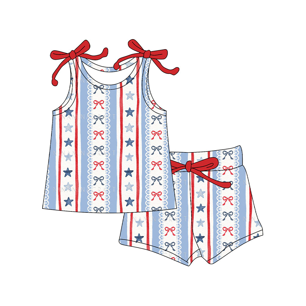 Baby Girls Sleeveless Bows Stars Stripe Top Shorts 4th of July Clothes Sets Preorder
