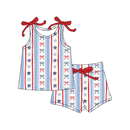 Baby Girls Sleeveless Bows Stars Stripe Top Shorts 4th of July Clothes Sets Preorder
