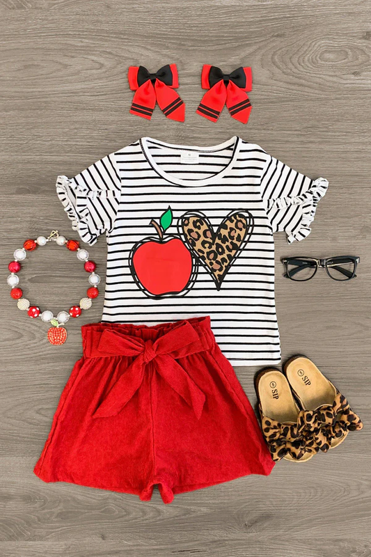 Baby Girls Apple Leopard Heart Stripe Top Short Back to School Clothes Sets Preorder