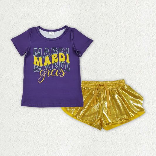 Baby Girls Purple Mardigras Top Gold Leather Ruffle Shorts Clothes Sets