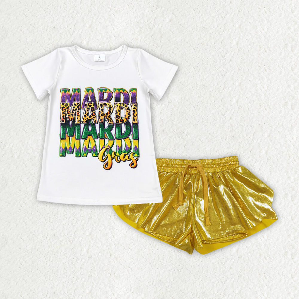 Baby Girls White Mardigras Top Gold Leather Ruffle Shorts Clothes Sets