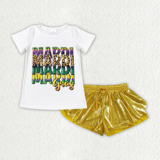 Baby Girls White Mardigras Top Gold Leather Ruffle Shorts Clothes Sets