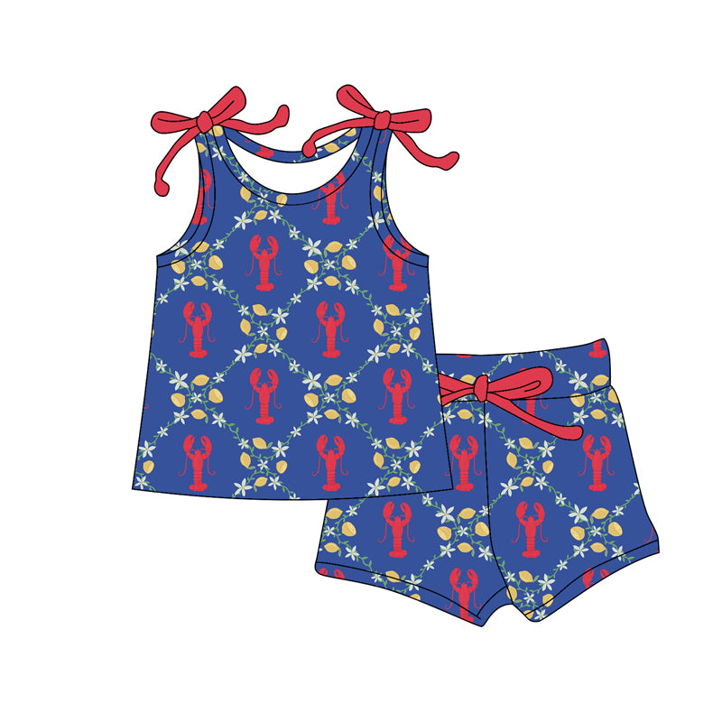 Baby Girls Bows Sleeveless Crayfishes Flowers Checked Top Shorts Clothes Sets Preorder